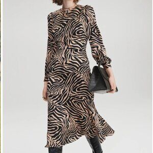 Chelsea 28 | Women's Black Tan Zebra Animal Print Long Sleeve Midi Dress | XS